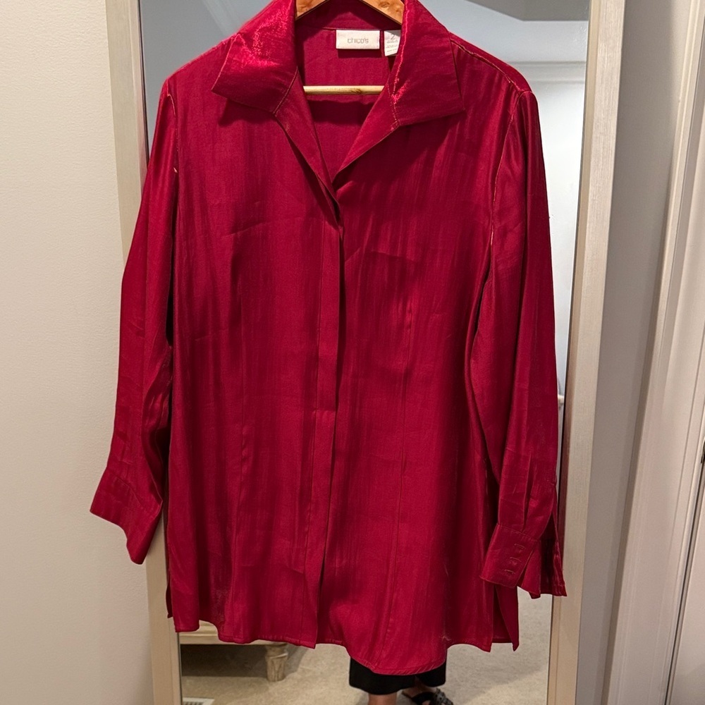 Chico’s Pink Glitter Semi Sheer Button Up Long Sleeve Blouse Top Size 2